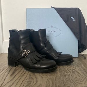 Prada Leather Fringe Trim Accent Chelsea Boots Black